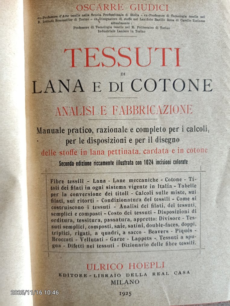 Oscarre Giudici - Tessuti di lana e di cotone / Pulitura lavatura smacchiatura industriale / Manuale del conciatore - 1924-1940 #2.1