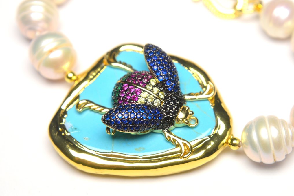 珍珠 - 埃及甲虫- 蓝宝石、红宝石、翡翠、青金石 - 手鈪 #1.0