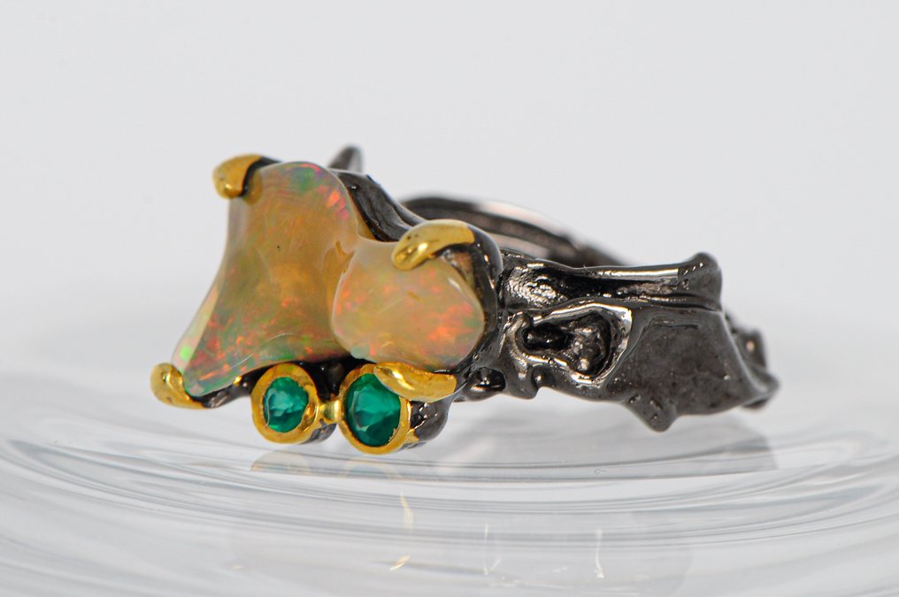 925 银 黑色镀铑 - 欧泊 - 玛瑙 - 戒指 #4.3