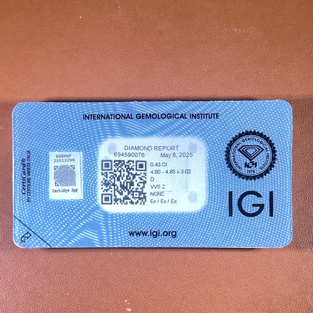 1 pcs Diamond (Natural) - 0.43 ct - Round - D (colourless) - VVS2 - International Gemological Institute (IGI) - Brilliant Diamond #1.0