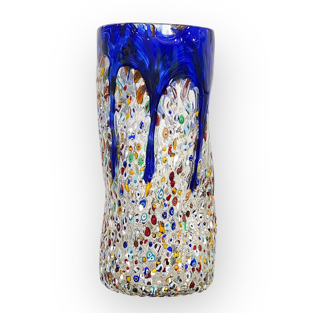 Filippo Maso - 花瓶 -  蓝色花瓶，配有银叶和莫拉尼玻璃珠 - 穆拉诺玻璃 #1.0