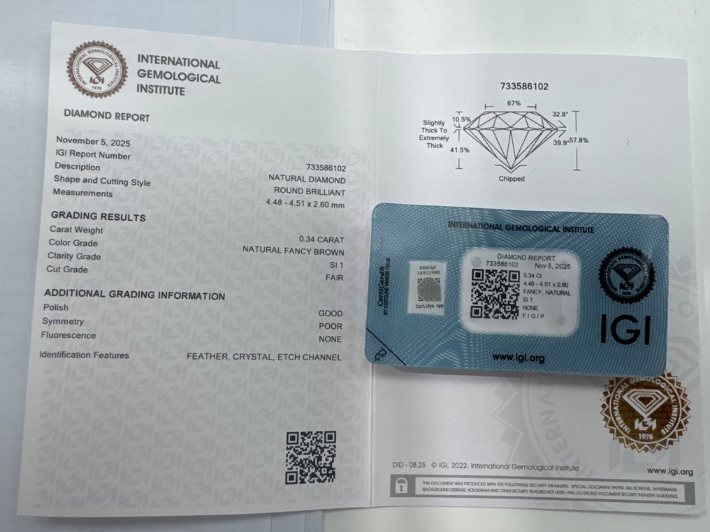 没有保留价 - 1 pcs 钻石  (天然色彩的)  - 0.34 ct - 圆形 - Fancy 棕色 - SI1 微内含一级 - 国际宝石研究院（IGI） #2.1