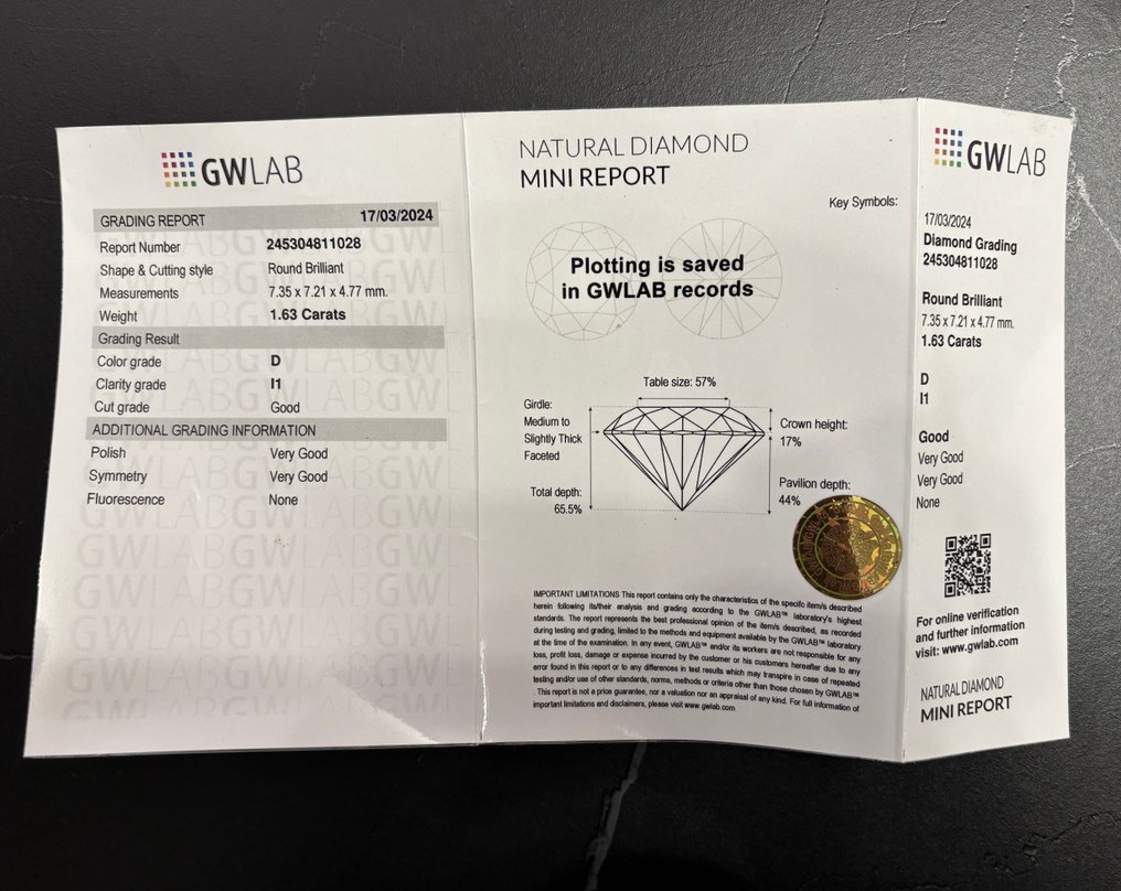 1 pcs Gyémánt (Természetes) - 1.63 ct - Kerek - D (színtelen) - I1 - Gemewizard Gemmológiai Laboratórium (GWLab) #3.2