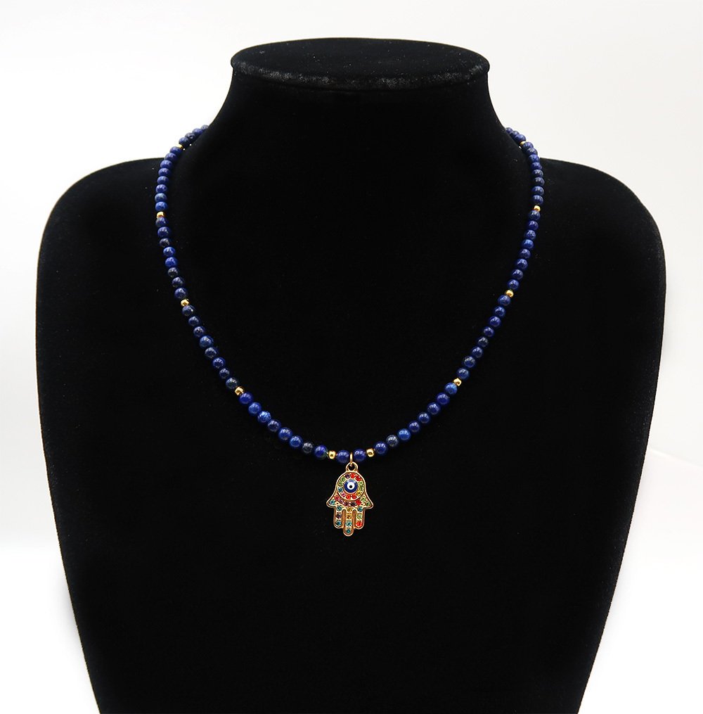 青金石 - 银, Fatma之手 - 保护免受厄运并吸引好运 - 14K金镀金扣环 - 吊坠项链 #1.0