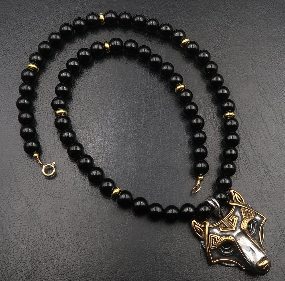 黑曜石 - 维京狼 - 精神保护与祖先的力量 - 14K金填充扣 - 吊坠项链 #4.3