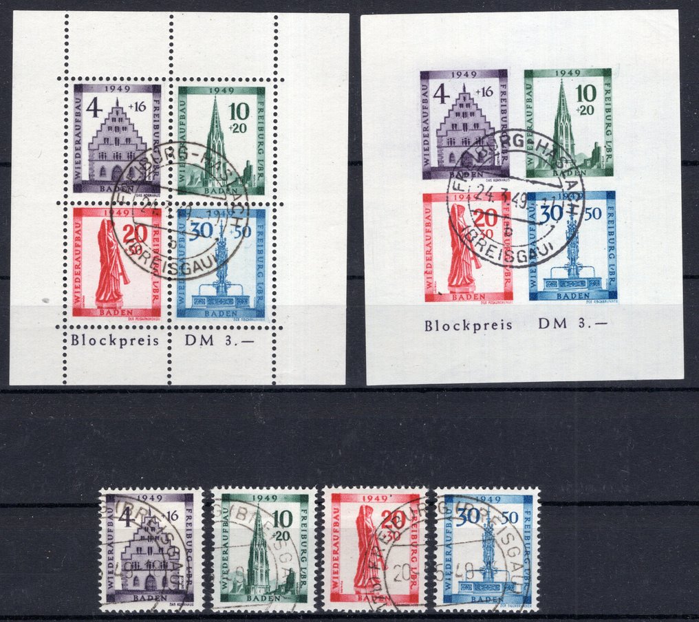 巴登-法国区域 1949 - 弗赖堡块对与板块缺陷 + 段落 - Michel Block 1 A/B, 38/41 A #1.0