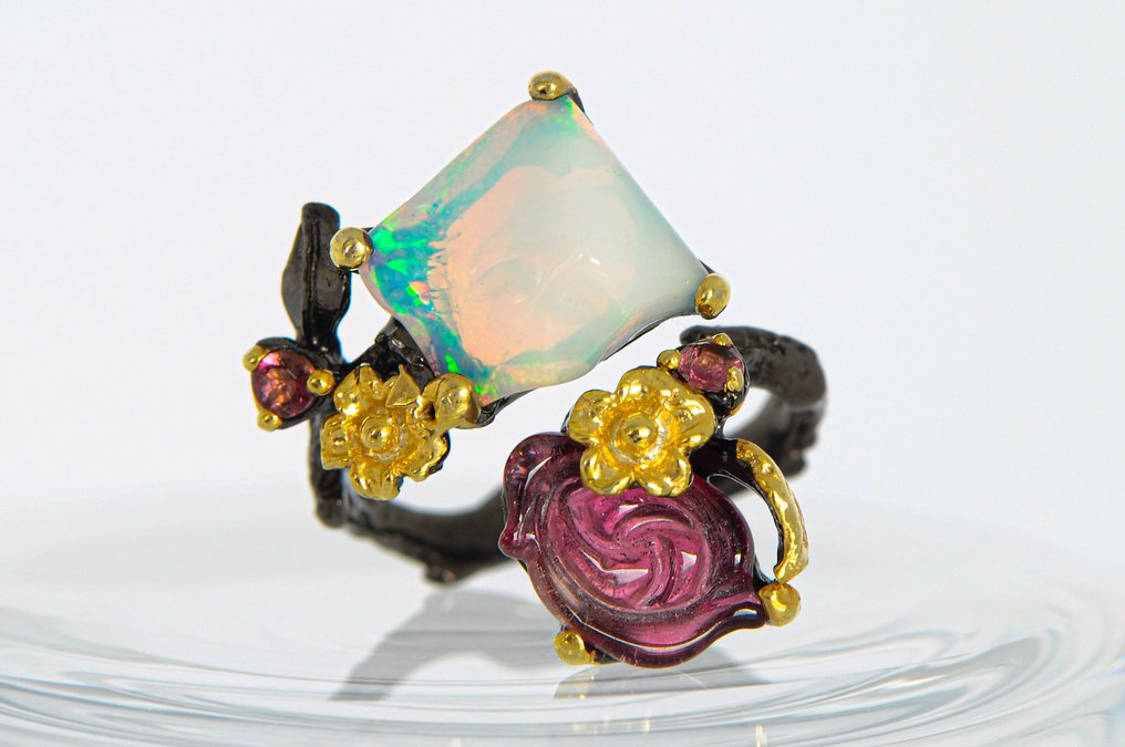 925 silver, rhodium-plated - partially gold-plated - opal - tourmaline - rhodolite - Ring #4.3