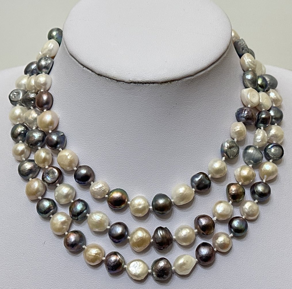 巴洛克珍珠(白色和灰色)与带有血铁矿希腊十字的“生命之花”。 - 吊坠项链 - 高品质。 925银。 #2.1