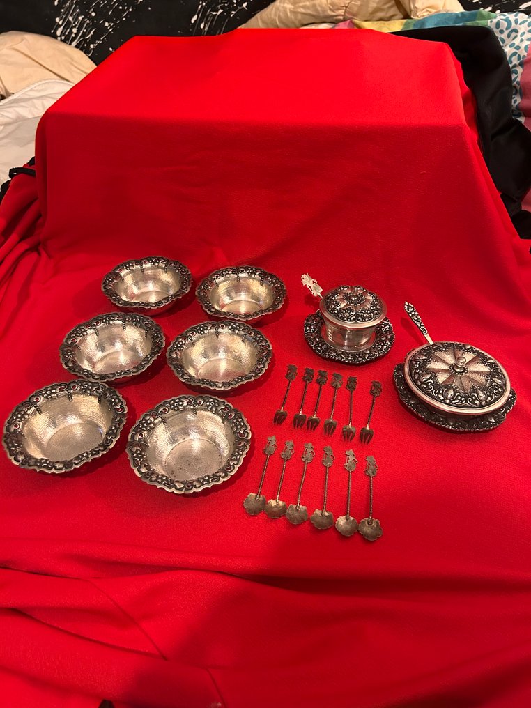AD.800.  -  TR. 800. -  KD.800 - Servizio da tavola per 6 persone (21) - Djokja set di dessert in argento - .800 argento - Antico argento Djokja 800 #3.2