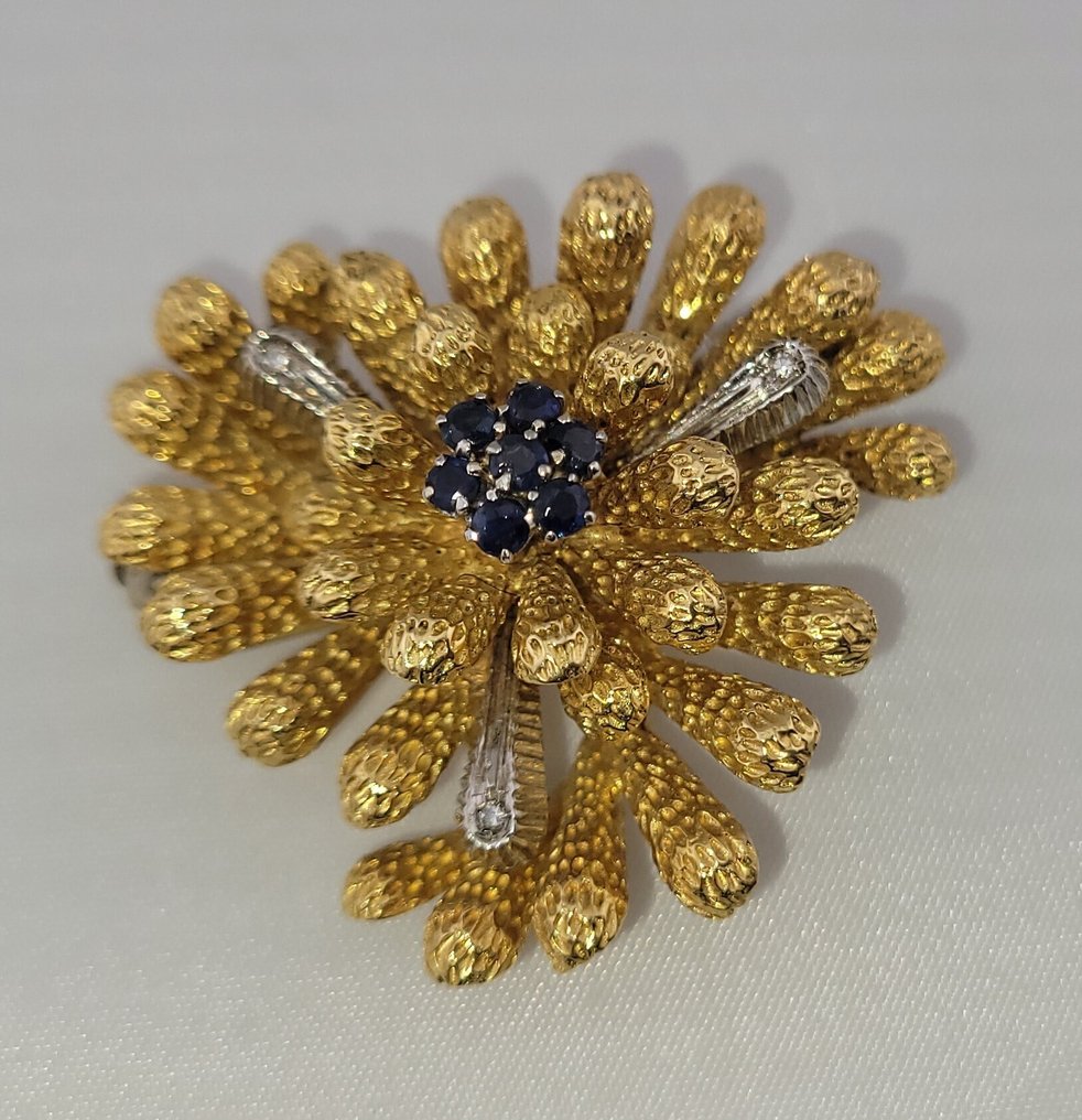 胸针 - 18K包金 黄金, 白金 -  0.32ct. tw. 蓝宝石 - 钻石 - 意大利珠宝卓越 #1.0