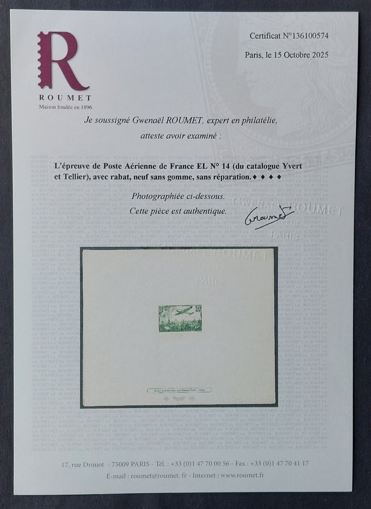 Frankrijk 1936 - Vliegtuig dat over Parijs vliegt, 50 f. geel-zwart, luxe proefdruk ondertekend door Roumet met - Poste aérienne 14 ou 14a #2.1