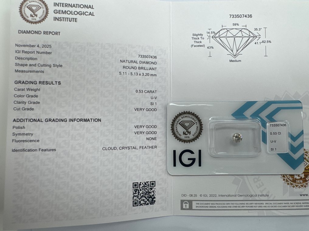 没有保留价 - 1 pcs 钻石  (天然)  - 0.53 ct - 圆形 - SI1 微内含一级 - 国际宝石研究院（IGI） - U-V #1.0