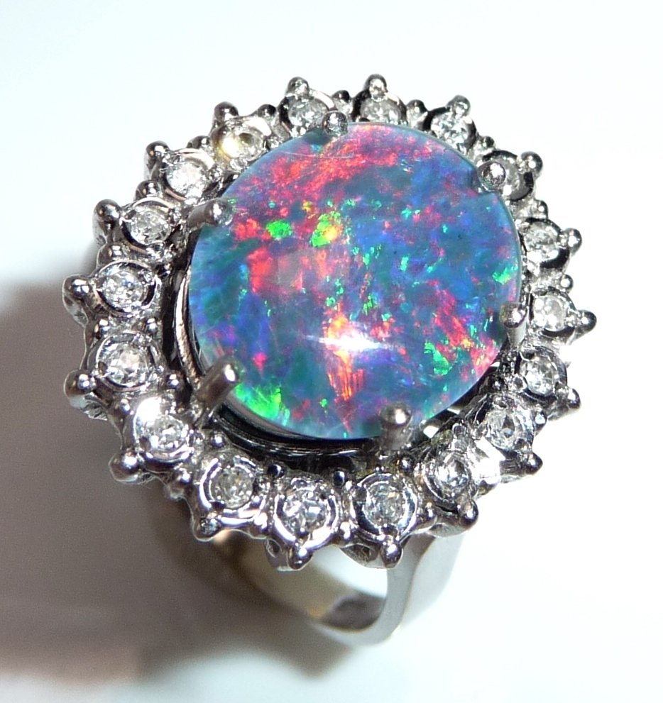 戒指 - 14 克拉 白金 -  4.20ct. tw. 鉆石 (天然)  - 蛋白石 - 尺寸53可更改 #3.2