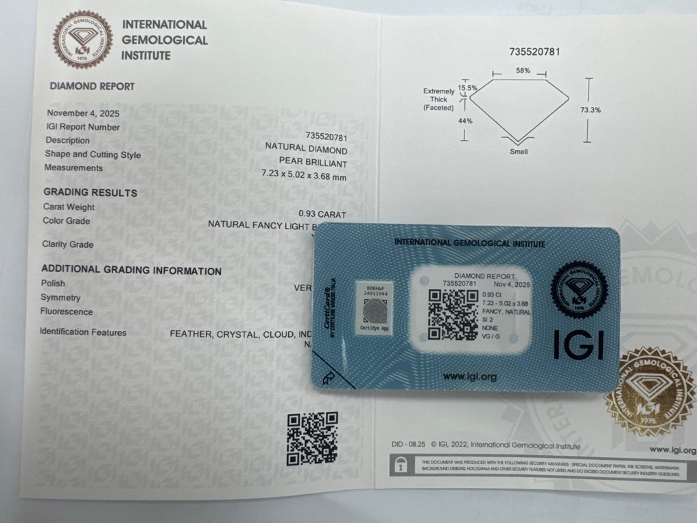 没有保留价 - 1 pcs 钻石  (天然色彩的)  - 0.93 ct - 梨形 - Fancy light 棕色, 黄色 - SI2 微内含二级 - 国际宝石研究院（IGI） #3.2