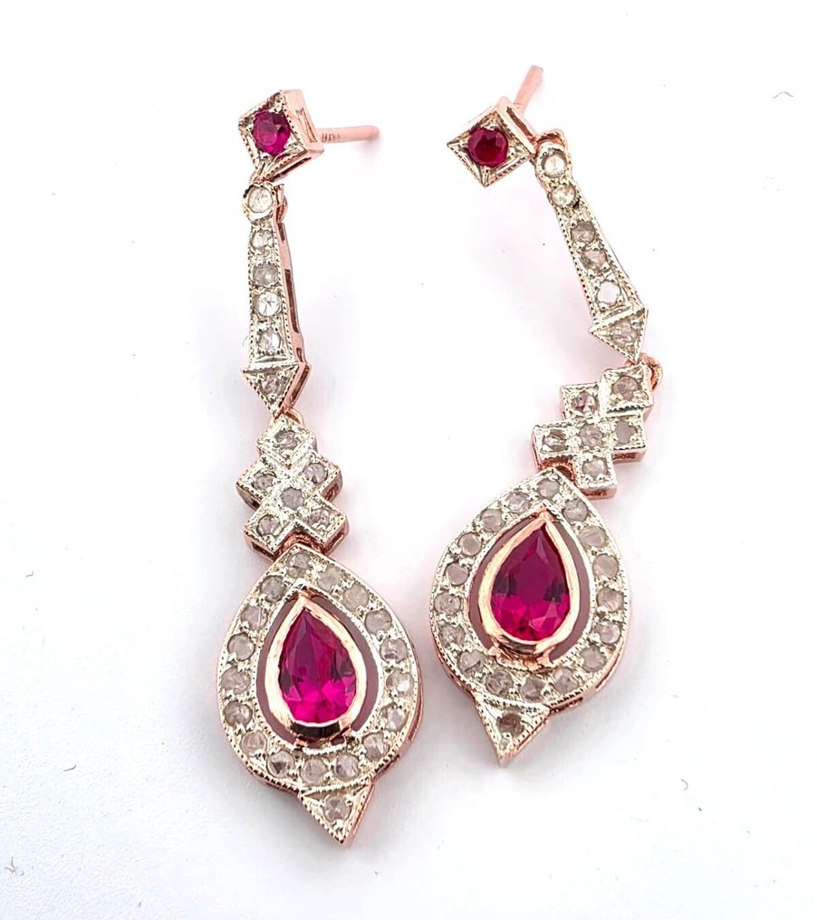没有保留价 - 耳环 - 9 kt. 玫瑰金, 银 红宝石 - 钻石 #3.2