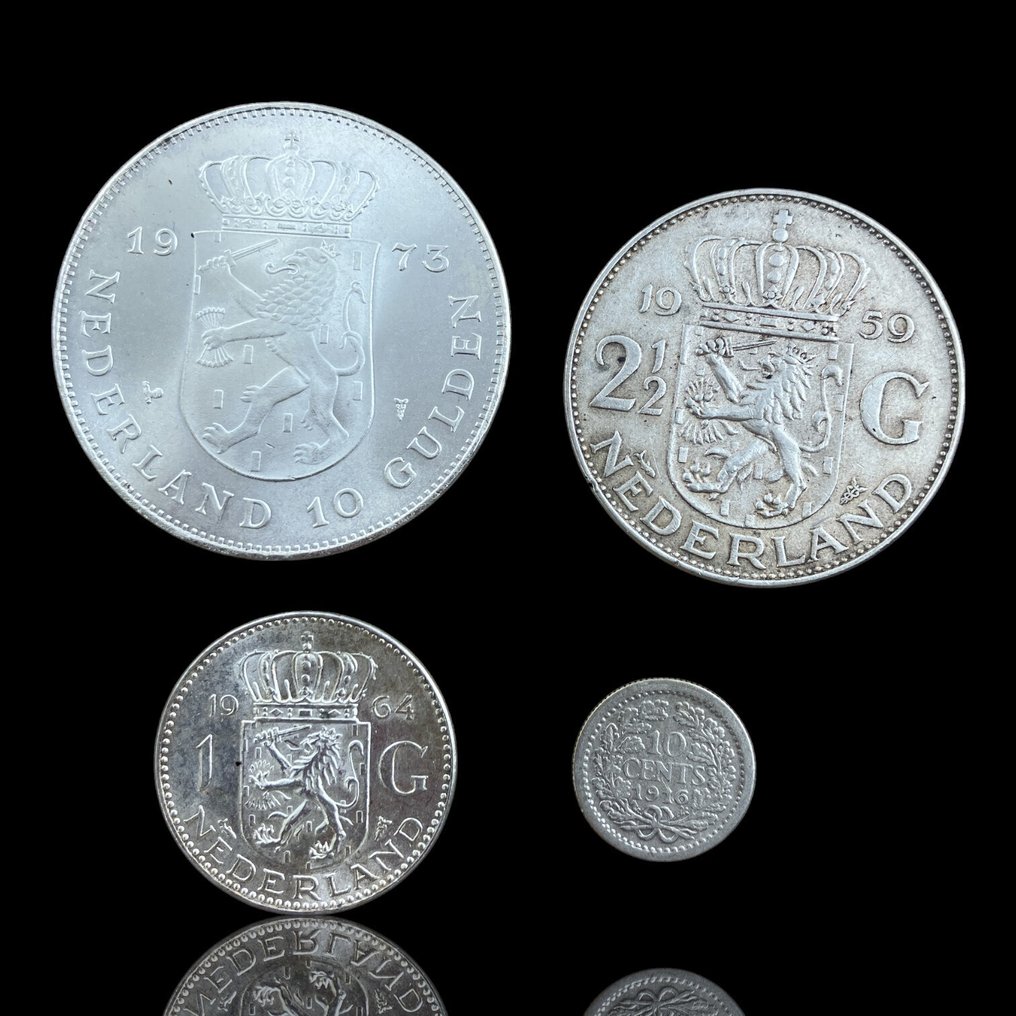 Netherlands. 4 Moedas Prata - 10 Gulden - Juliana (Anniversary of Reign), 2½ Gulden - Juliana, 1 Gulden - 1916-1973  (No reserve price) #1.0