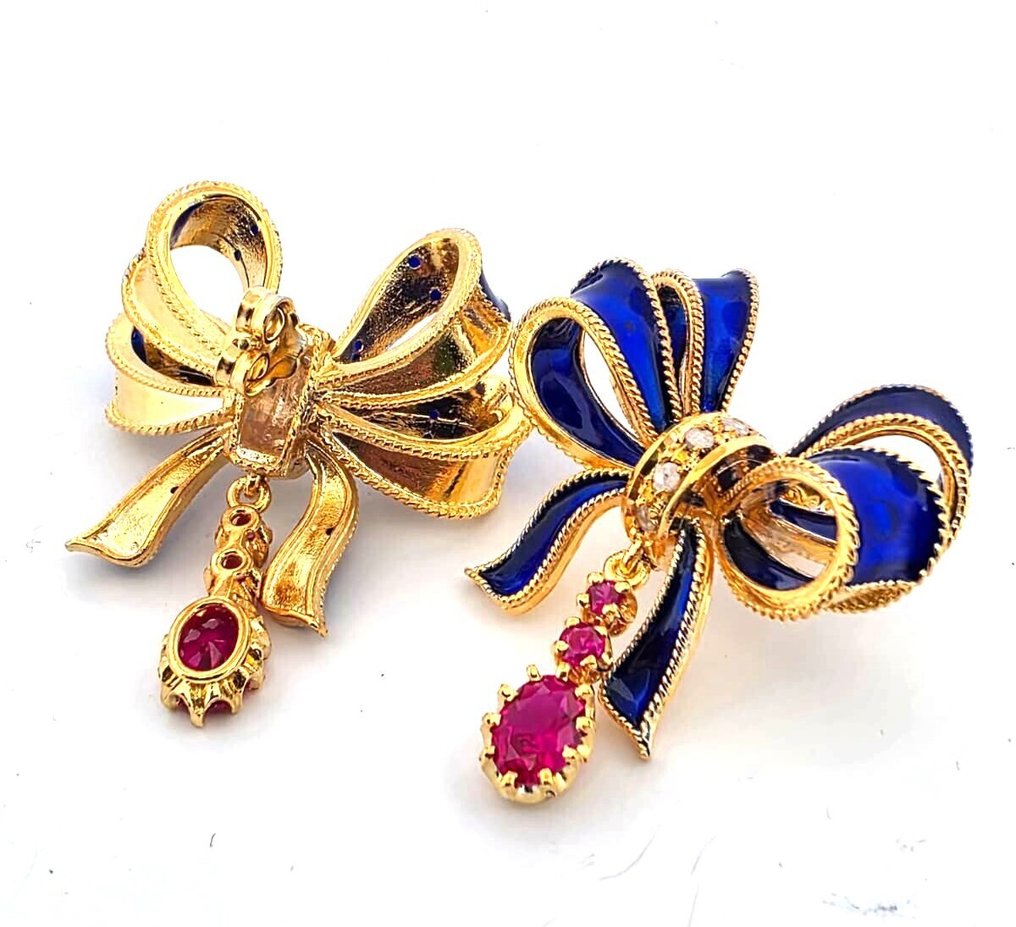 Fără preț de rezervă - Cercei - 9 kt. Aur galben, Argint Rubin - Diamant #3.2