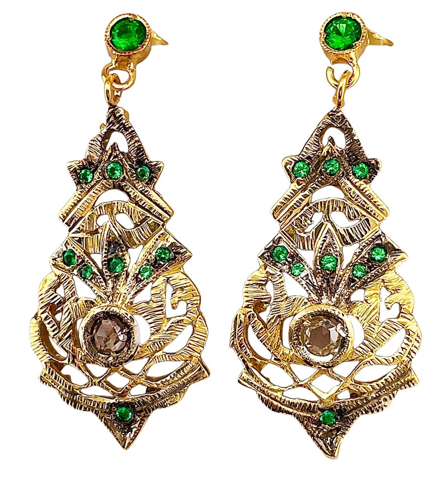 沒有保留價 - 耳環 - 9 節 黃金, 銀 祖母綠 - 鉆石 #3.2