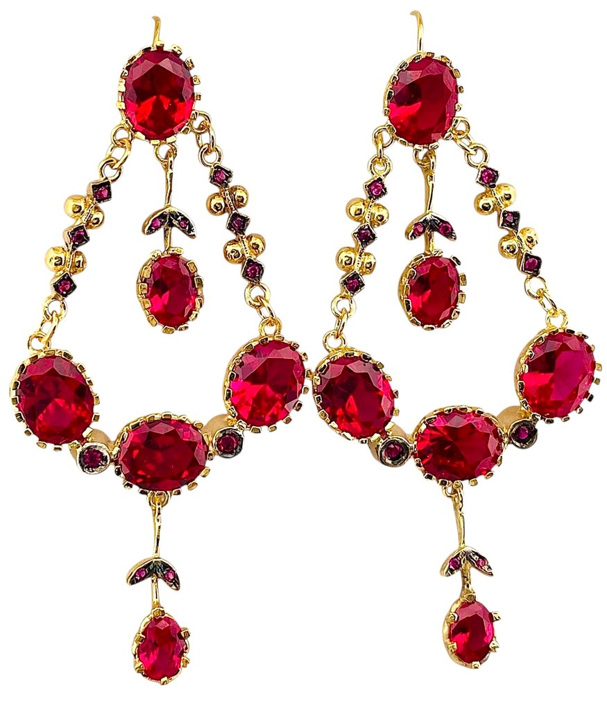 没有保留价 - 耳环 - 9 kt. 黄金, 银 红宝石 - 红宝石 #4.3