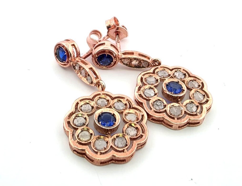 没有保留价 - 耳环 - 9 kt. 玫瑰金 蓝宝石 - 钻石 #2.1