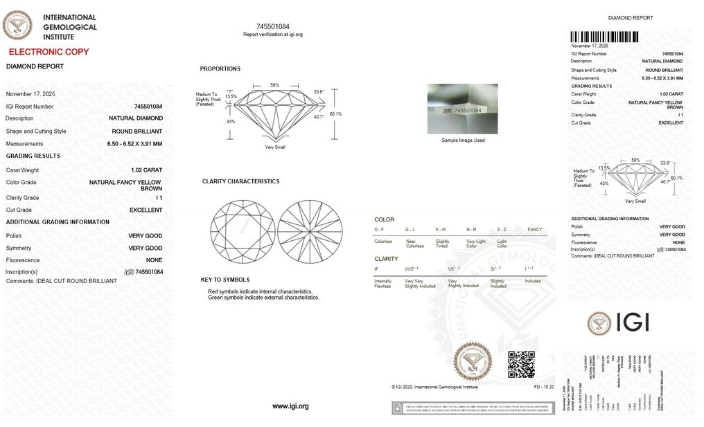 Zonder minimumprijs - 1 pcs Diamant (Natuurlijk gekleurd) - 1.02 ct - Rond - Fancy Geel Bruin - P1 - International Gemological Institute (IGI) #2.1