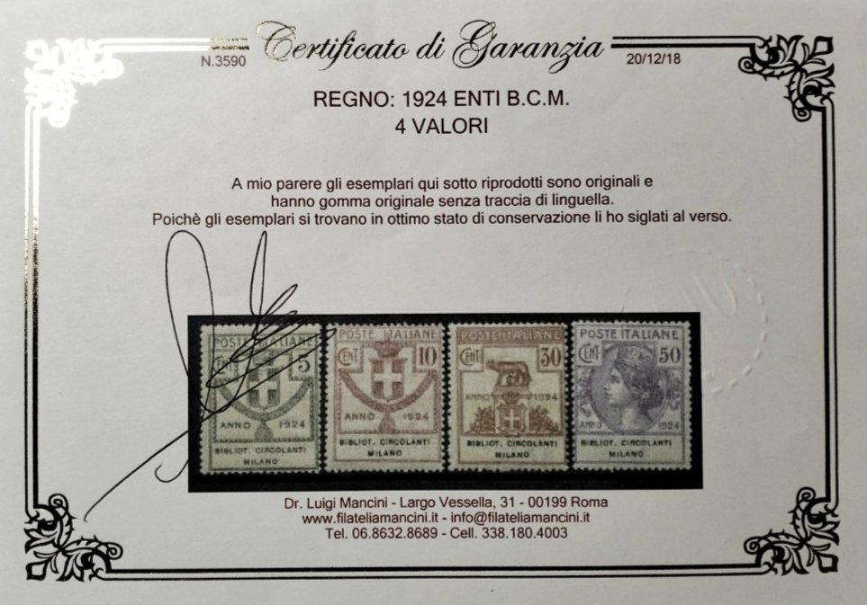Olasz Királyság 1924/1924 - Olasz Királyság. 1924. Állami szervek. Bibliotéka sorozat Milánó MNH kör. Igazolás. - Sassone:13/16. #1.0