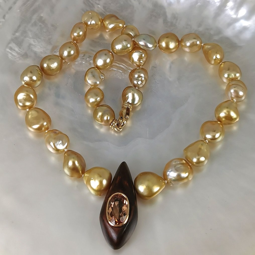 项链 - 18K包金 黄金 珍珠 - 黄宝石 - SSP Keshi 金 Ø10x12,5MM #1.0