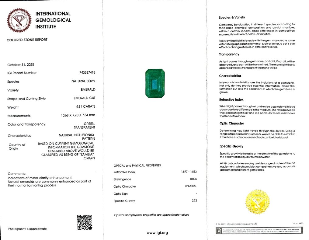 Smaragd  - 4.81 ct - Nemzetközi Gemmológiai Intézet (IGI) #2.1