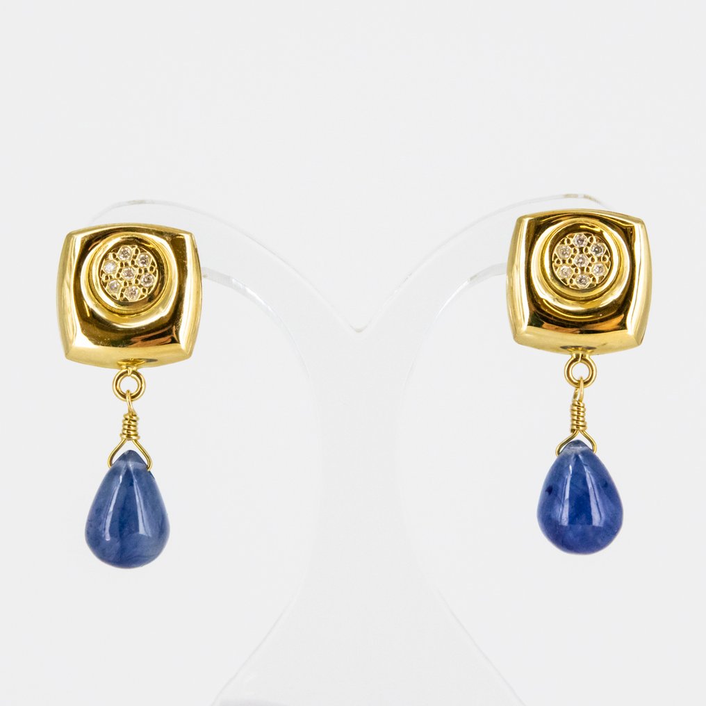 耳環 - 18 克拉 黃金 藍寶石 - 鉆石 #1.0