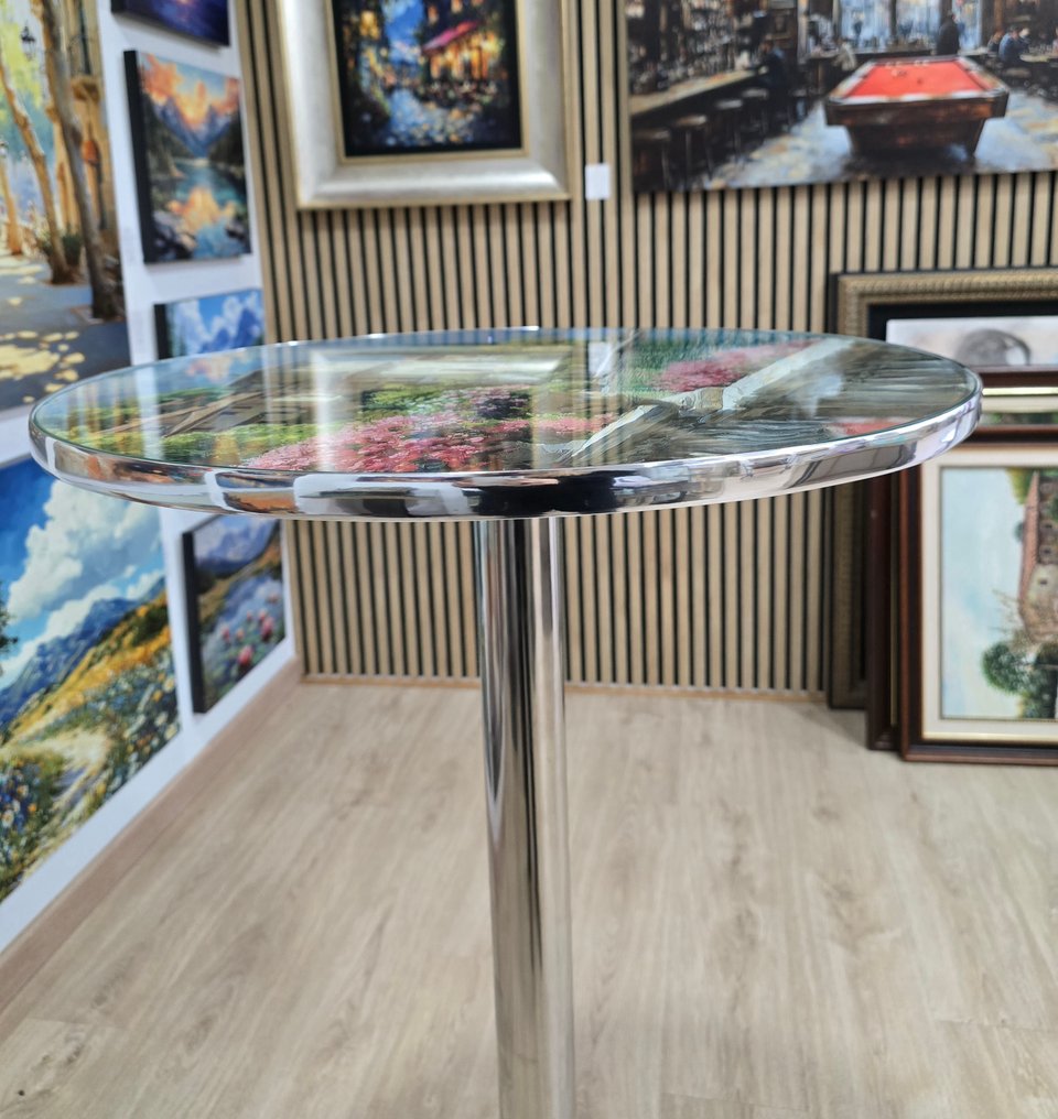 Irina Collins - 咖啡桌 - 不锈钢 - 带画的桌子 - 'Lago di Como Dreams' #4.3