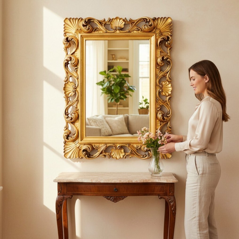 Specchio barocco in legno intarsiato e intagliato Foglia Oro 24K Anticato, - Καθρέφτης τοίχου  - Ξύλο #2.1