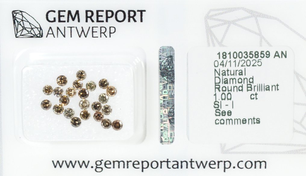 No reserve price - 23 pcs Diamond  (Natural coloured)  - 1.00 ct - Round - Fancy, Fancy deep Yellowish, Orangy Brown - I1, SI1 - Gem Report Antwerp (GRA) #3.2
