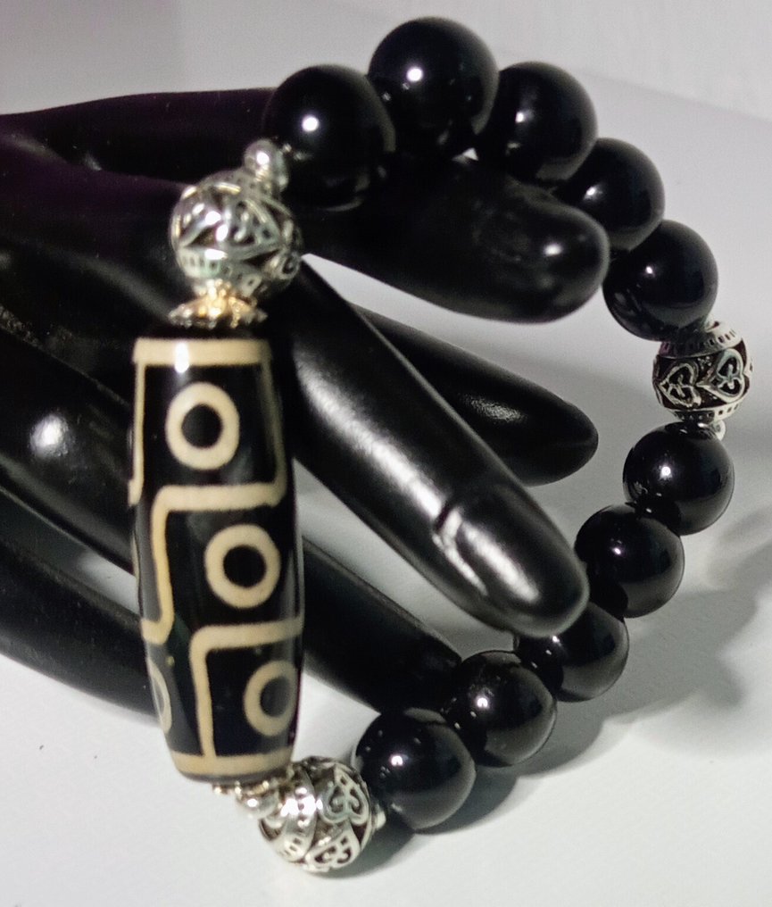 精致的Agatha DZI 西藏玛瑙9眼 100% 天然力量与保护，黑玛瑙与925纯银 - 手镯 - Agatha Tibetana #3.2