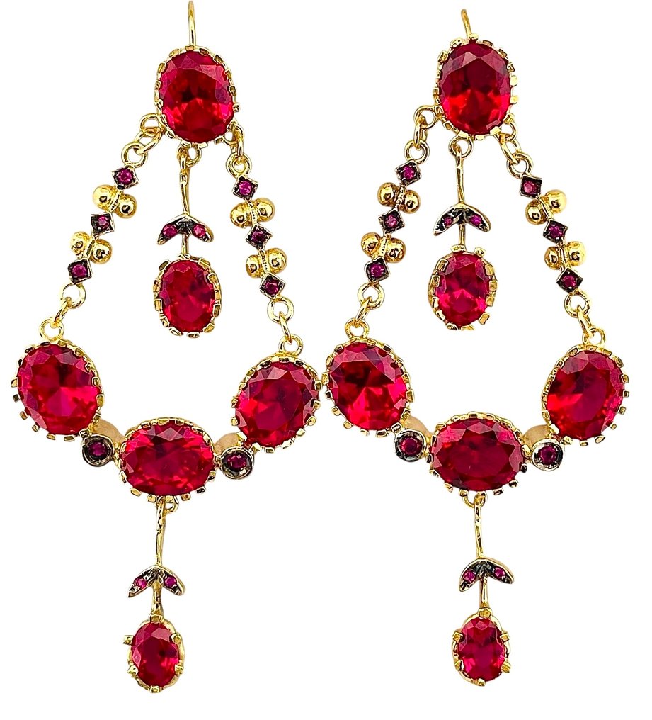 没有保留价 - 耳环 - 9 kt. 黄金, 银 红宝石 - 红宝石 #1.0