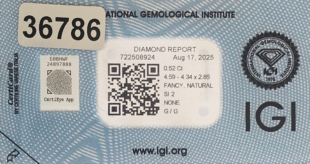 1 pcs 钻石  (天然)  - 0.52 ct - 枕形 - SI2 微内含二级 - 国际宝石研究院（IGI） #4.3