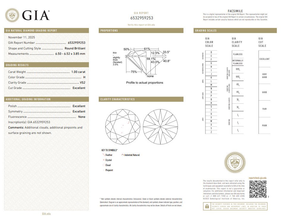 1 pcs Διαμάντι  (Φυσικό)  - 1.00 ct - Στρογγυλό - H - VS2 - Gemological Institute of America (GIA) #3.2