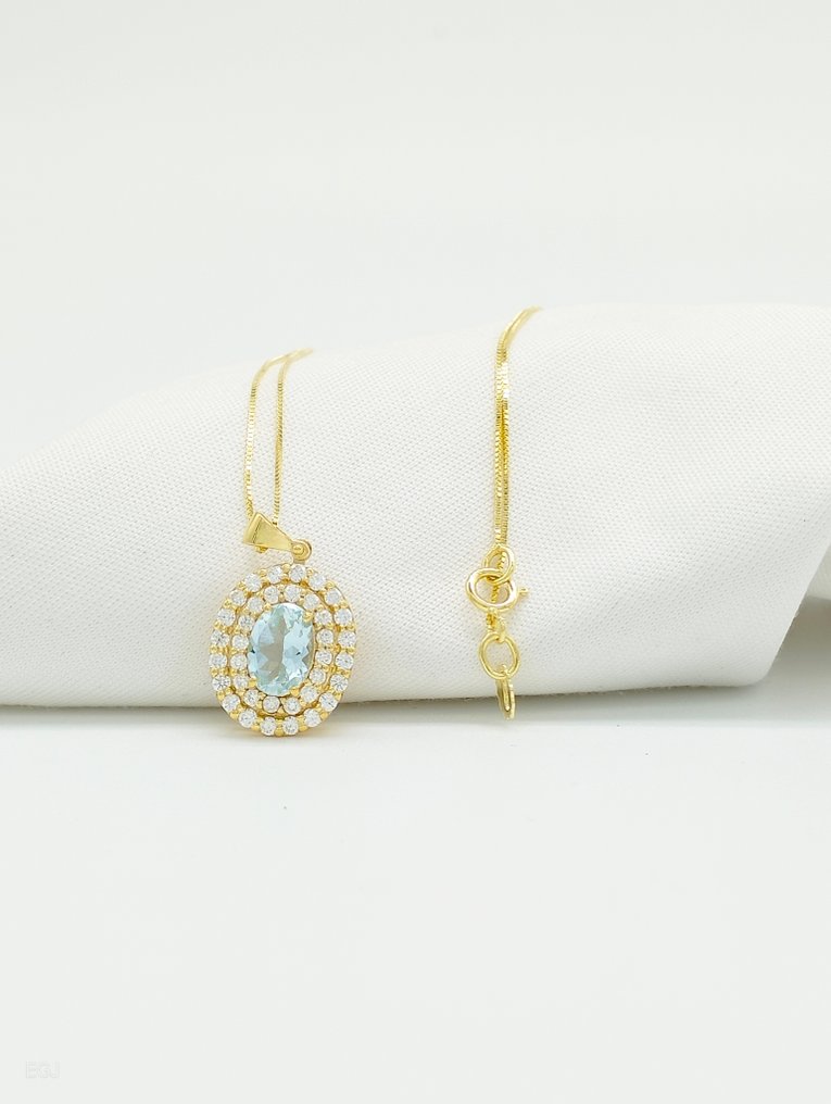 没有保留价 - 项链 - 14K包金 黄金 海蓝宝石 - 钻石 #3.2