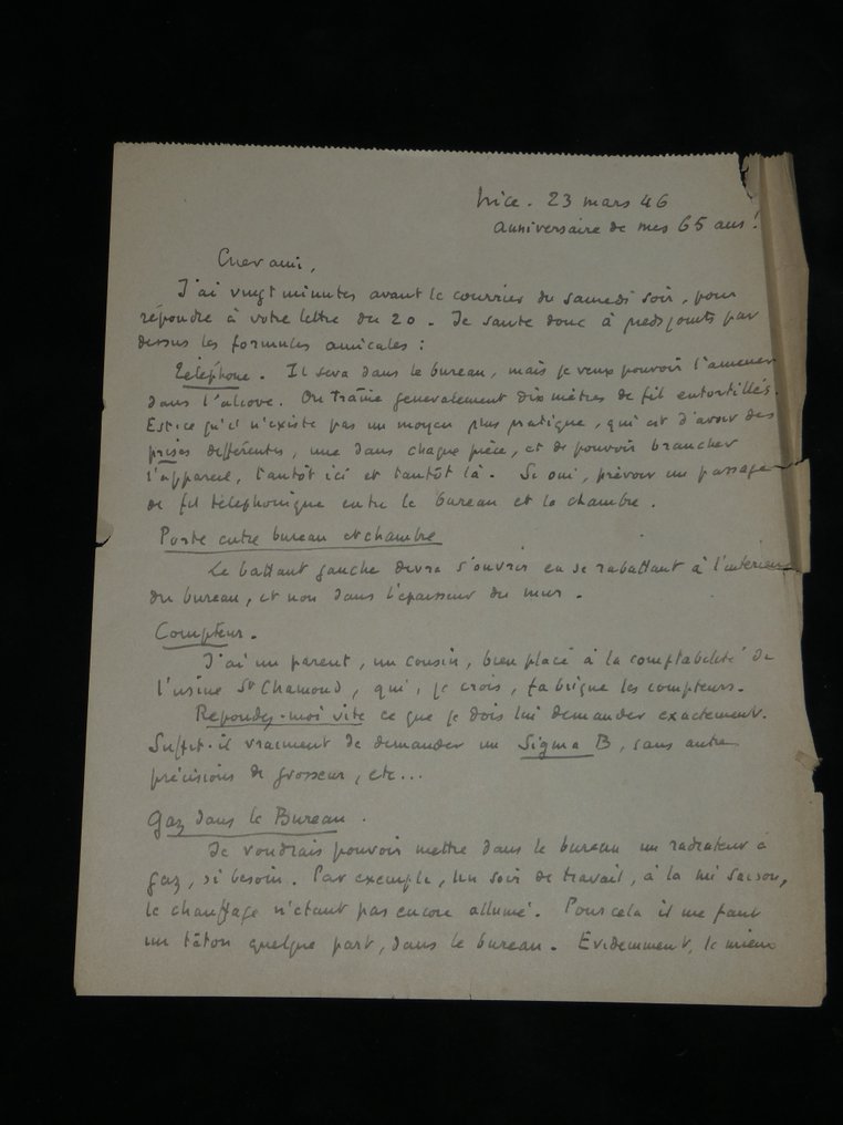 Roger Martin du Gard - « Anniversaire de mes 65 ans ! » - Lettre autographe signée avec croquis - 4 pages - 1946 #1.0