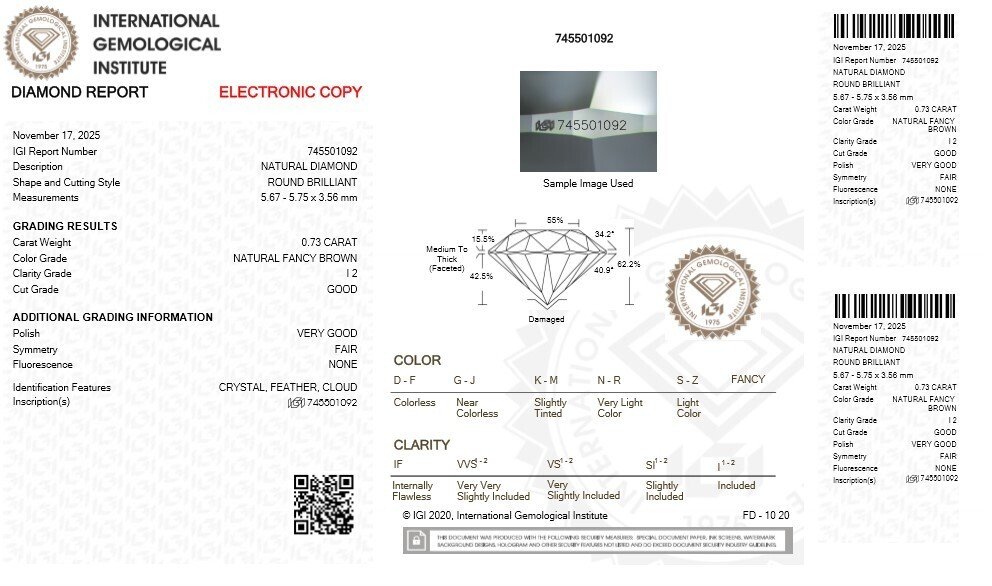 没有保留价 - 1 pcs 钻石  (天然色彩的)  - 0.73 ct - 圆形 - Fancy 棕色 - I2 内含二级 - 国际宝石研究院（IGI） #2.1
