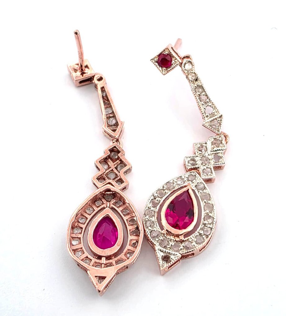 没有保留价 - 耳环 - 9 kt. 玫瑰金, 银 红宝石 - 钻石 #2.1