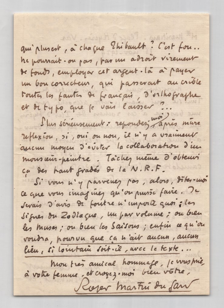 Roger Martin du Gard - Lettre autographe signée - Les frontispices des Thibault - 1929 #3.2