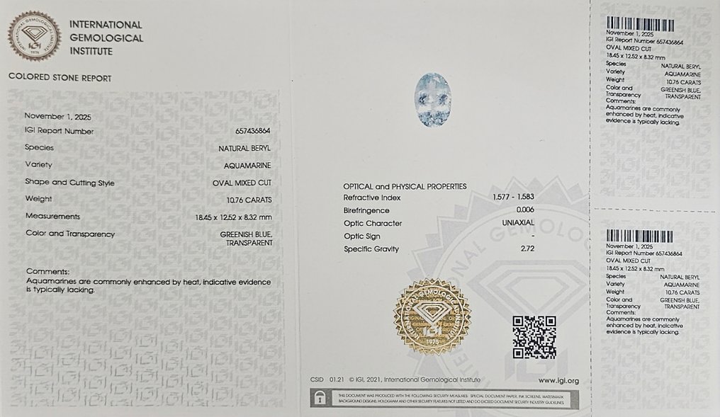 Nincs minimálár - 1 pcs Kék Akvamarin - 10,76 ct - Nemzetközi Gemmológiai Intézet (IGI) #4.3