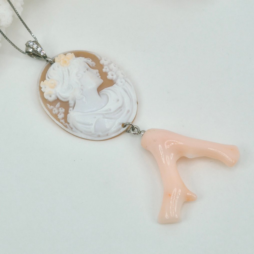 Corallo - Argento - Collana con ciondolo - CAMMEO ANTICO E CORALLO #3.2