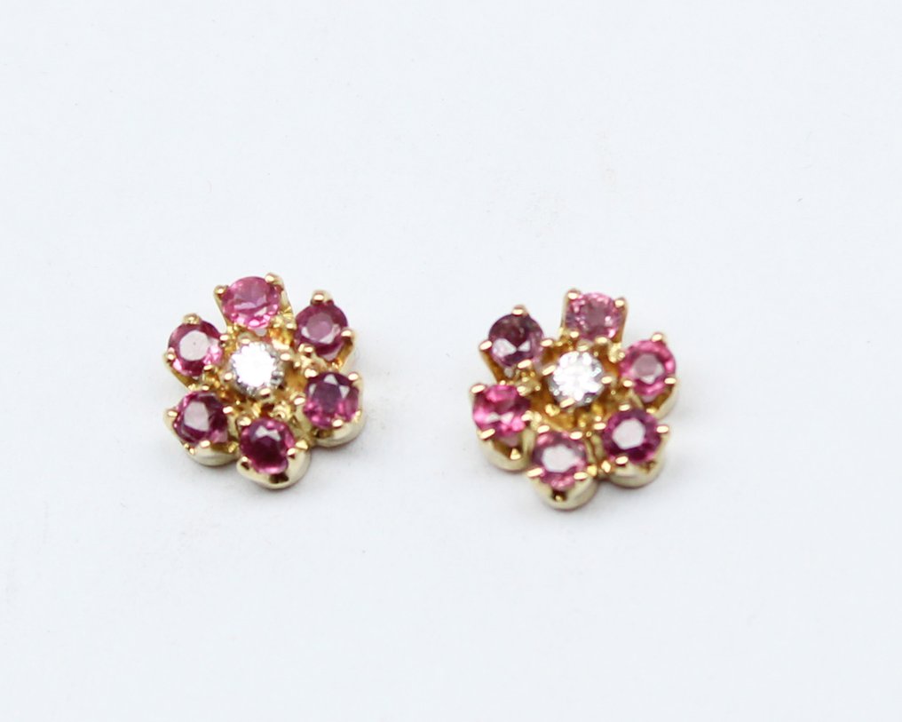 Boucles d'oreilles - 18 carats Or jaune Rubis - Diamant #1.0
