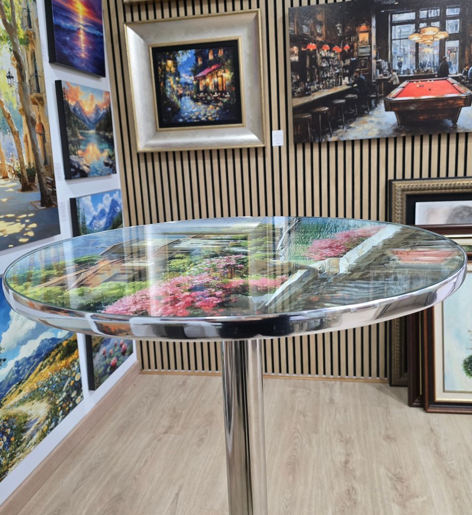Irina Collins - 咖啡桌 - 不锈钢 - 带画的桌子 - 'Lago di Como Dreams' #3.2