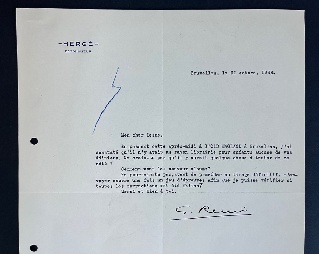 Casterman - Tintin - Lettre de Hergé - 1938 - Signée #1.0