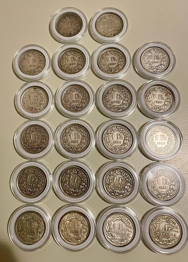 Schweiz. Lotto di 41 Monete in Franchi Svizzeri Argento 835 1876/1965 Franchi Svizzeri (Ingen mindstepris) #2.1