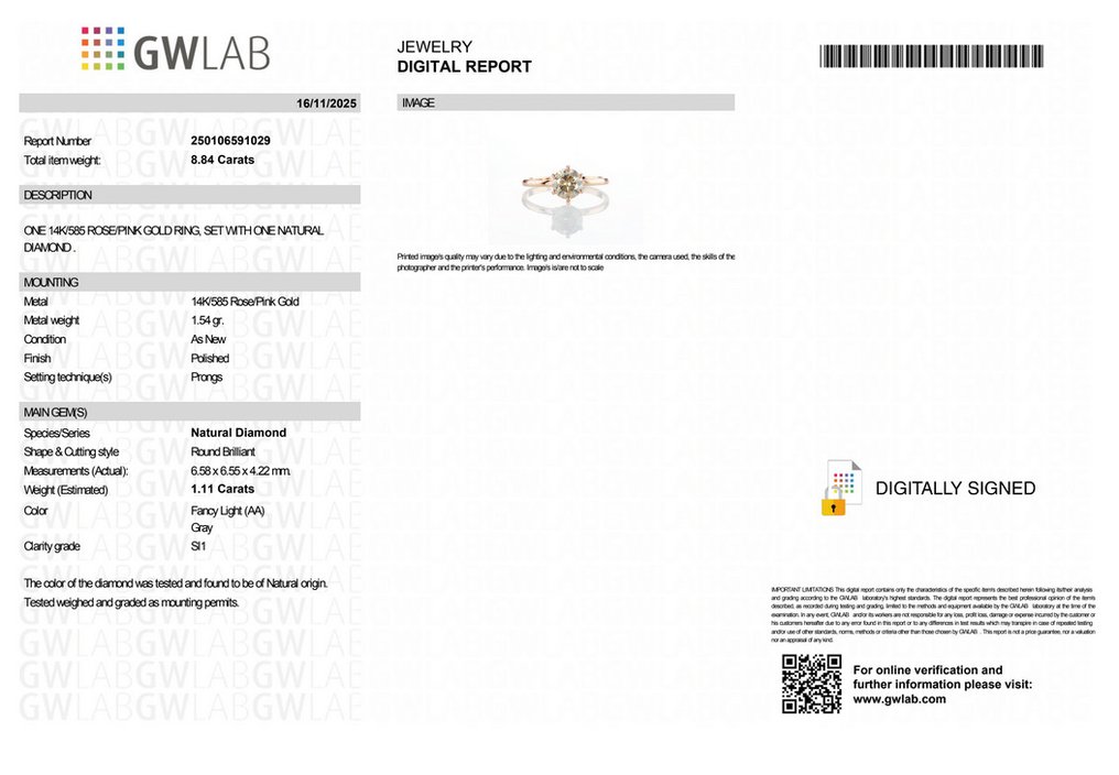 沒有保留價 - 戒指 - 14 克拉 玫瑰金 - 1.11ct. tw. 鉆石 (天然彩色) - GWLab #2.1