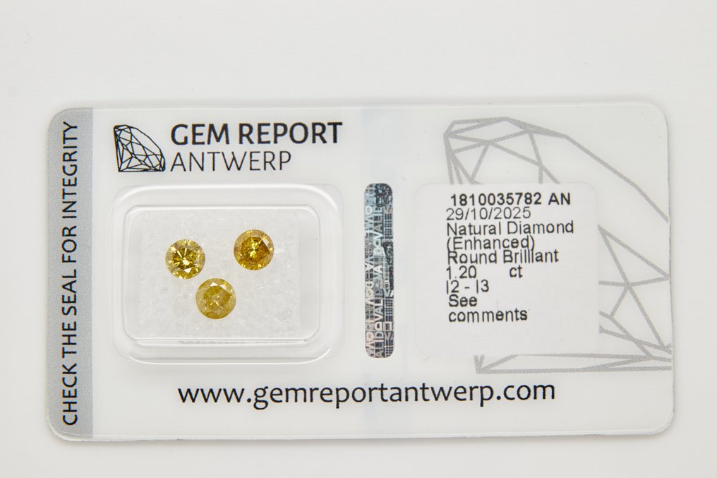 沒有保留價 - 3 pcs 鑽石  (經顏色處理)  - 1.20 ct - 圓形 - I2, I3 - Gem Report Antwerp (GRA) #1.0