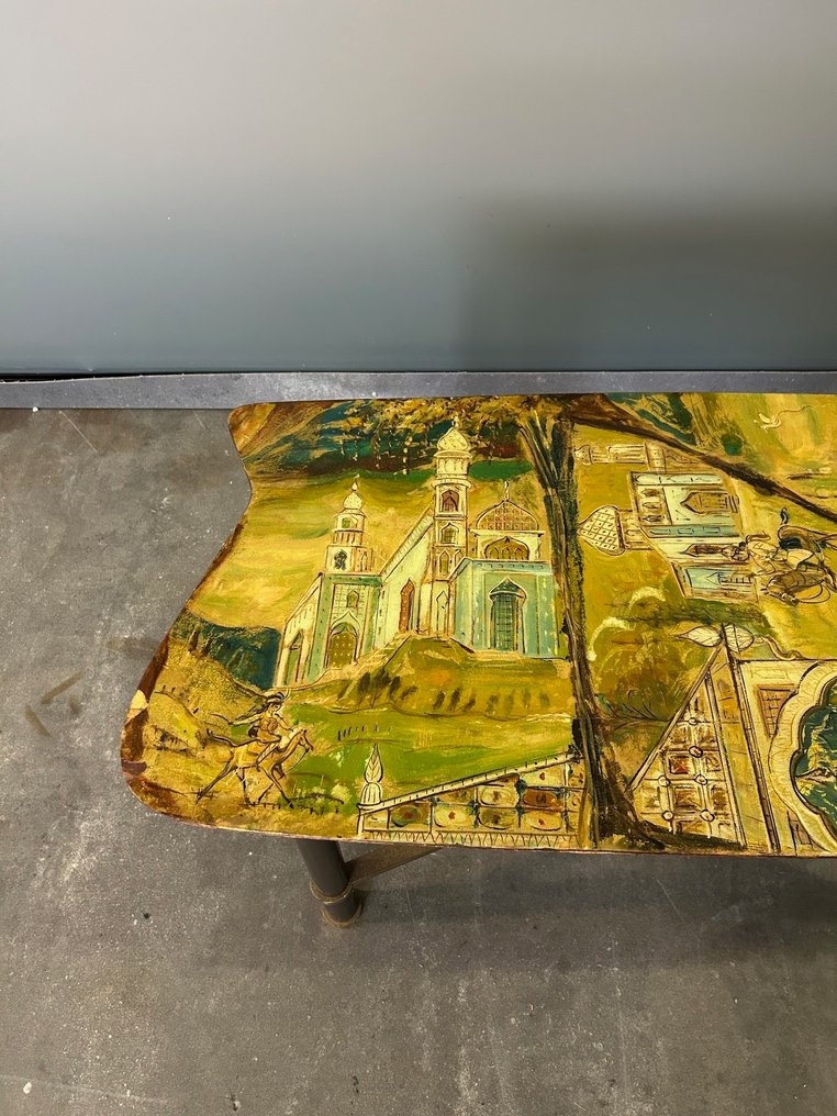 Κεντρικό τραπέζι - Ξύλο, Ορείχαλκος - Τραπέζι σαλονιού από ξύλο, χειροποίητα ζωγραφισμένο, δεκαετία του '50. #1.0